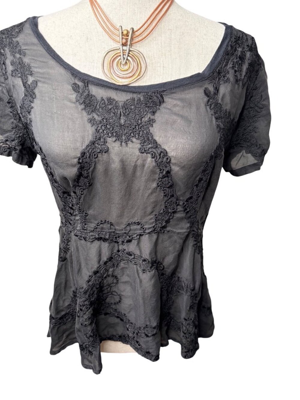 Language Womens Sm Blk Lace Embroidered 100% Silk Sheer Peplum Whimsigoth fairy